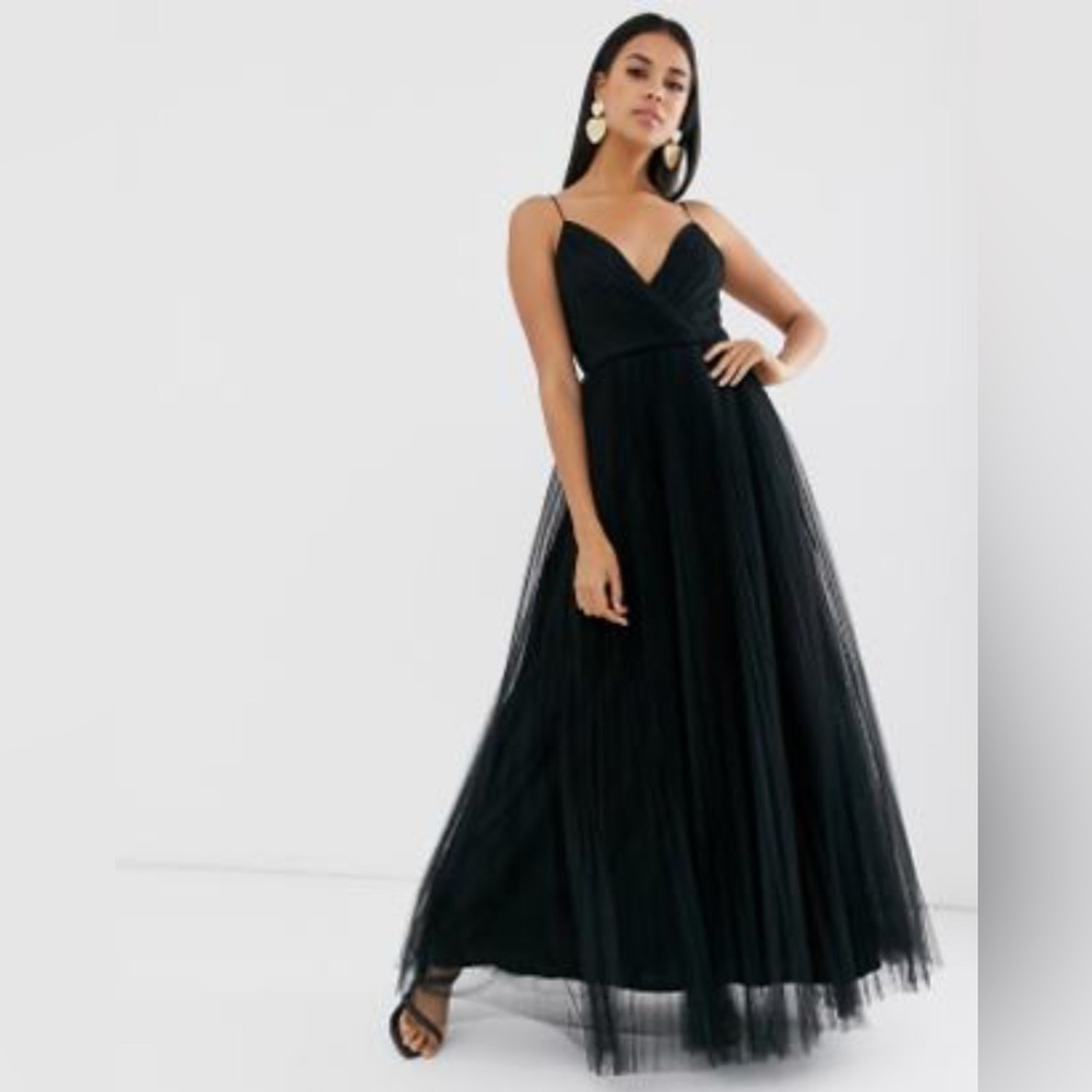 ASOS DESIGN cami pleated tulle maxi dress in black